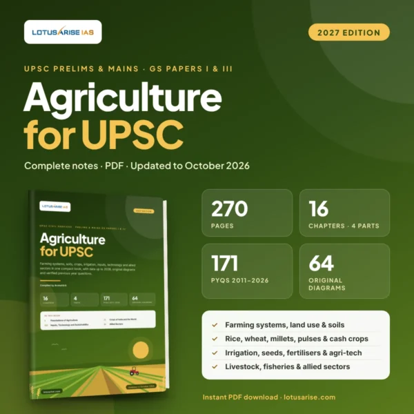 Agriculture Notes for UPSC 2027 Edition PDF by LotusArise IAS: 270 pages, 16 chapters, 171 PYQs