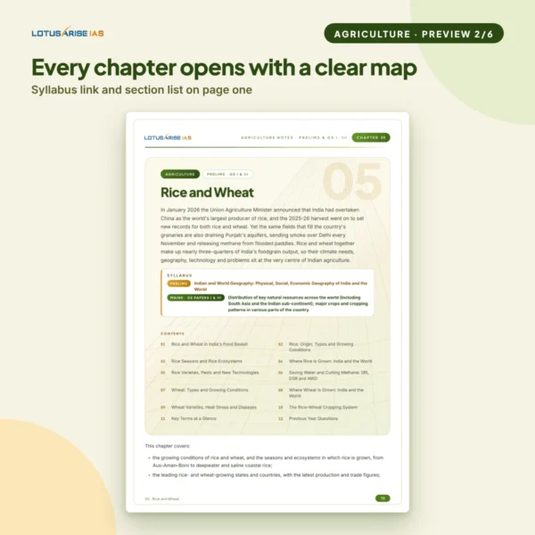 Agriculture-Notes-UPSC-page-2 Agriculture Notes for UPSC preview: Rice and Wheat chapter opener with syllabus and contents