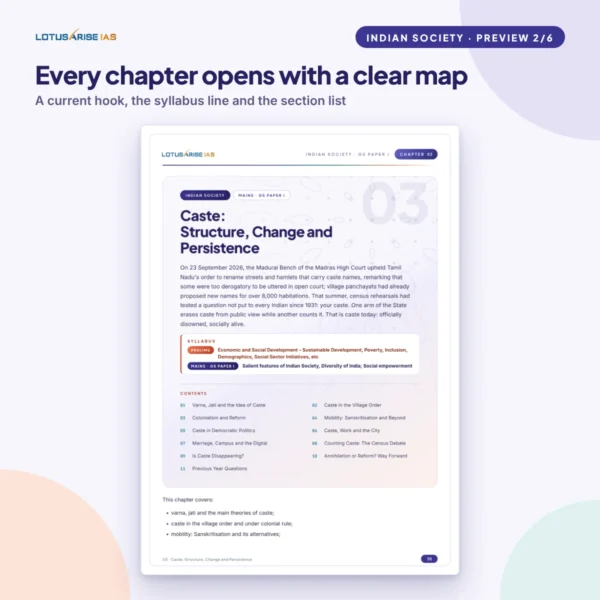 Indian Society Notes for UPSC – Chapter opener Indian Society Notes for UPSC - chapter opener with current hook, syllabus line and section list (Caste: Structure, Change and Persistence)