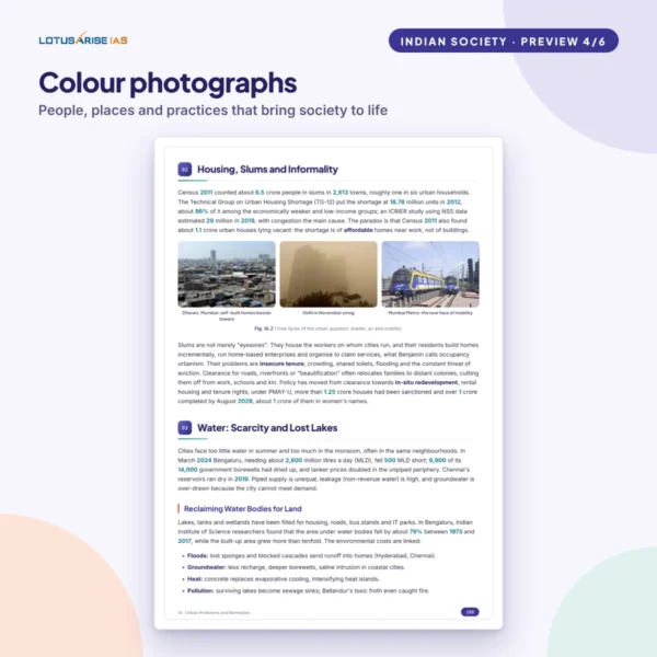 Indian Society Notes for UPSC – Colour photographs Indian Society Notes for UPSC - page with colour photographs on housing, slums and urban informality